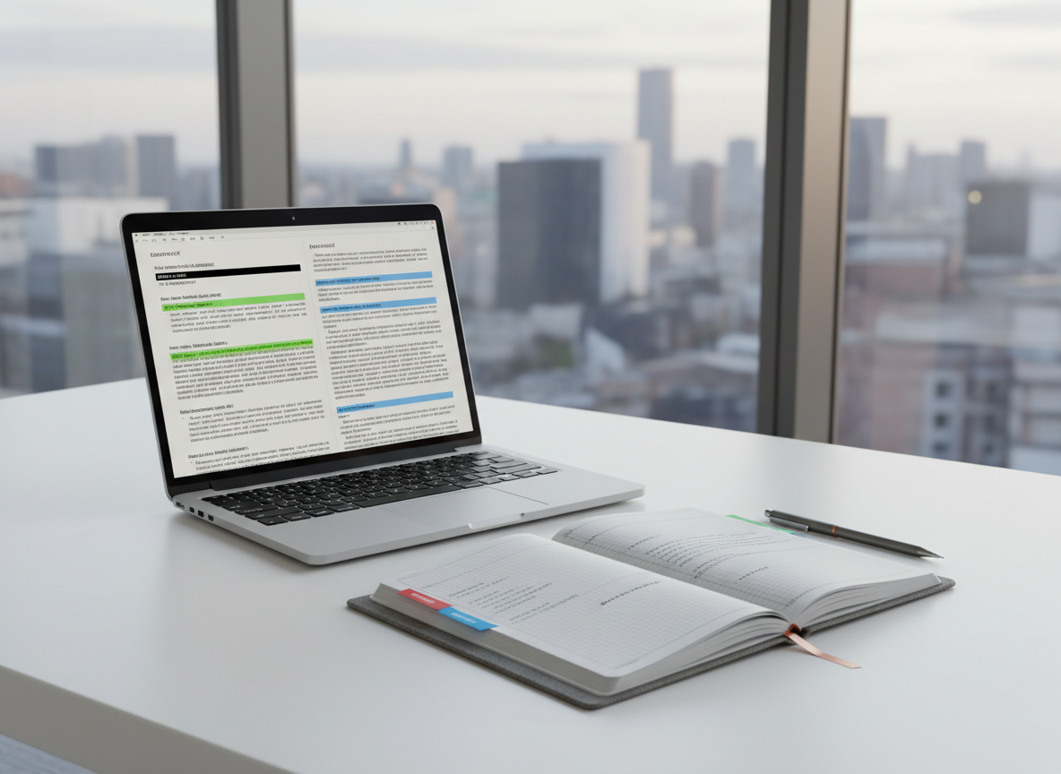 A modern, slim laptop open on a clean white desk, its screen displaying a split view of a legal document in two languages with clearly formatted paragraphs and highlighted clauses. Next to the laptop lies a meticulously organized trilingual glossary notebook with colored tabs and fine-ruled pages, alongside a minimalist metal bookmark and a slim graphite mechanical pencil. The background features a blurred view of a city skyline through a large glass window. Soft morning daylight creates a bright yet gentle illumination, with minimal shadows. Photographic realism, shot from a slightly elevated angle with rule-of-thirds composition, conveys clarity, focus, and the meticulous nature of professional legal translation work.