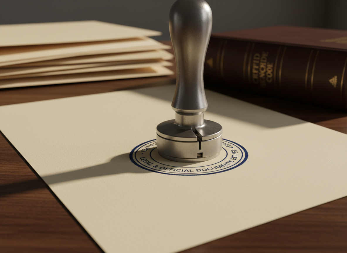 A close-up of an embossed metal notary-style seal pressing onto thick ivory paper, leaving a sharply detailed official stamp in a rich navy blue ink. The device’s brushed steel surface shows fine texture and a precise mechanical design. The scene is set on a dark walnut desk, with neatly stacked folders and a closed, leather-bound legal code book softly out of focus behind it. Warm, directional desk-lamp lighting highlights the embossed details and creates gentle, elongated shadows. Captured from a slightly low angle with photographic realism, the composition emphasizes precision, legality, and reliability, evoking the formal world of certified public translation for legal and official documents.