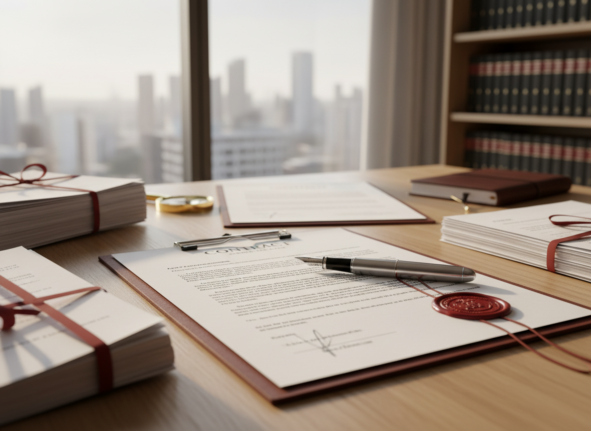 A neatly arranged collection of official documents spread across a light oak desk, featuring a prominently displayed bilingual legal contract with crisp black text and a visible certification stamp in deep red wax. A high-quality silver fountain pen rests diagonally across the main page. The desk is set beside a large window in a modern office, with shelves of neatly organized law books softly blurred in the background. Gentle afternoon natural light streams in, creating soft highlights on the paper texture and subtle reflections on the pen. Photographic realism, eye-level composition with a shallow depth of field, conveying a professional, trustworthy, and orderly atmosphere suitable for a certified public translator’s website.