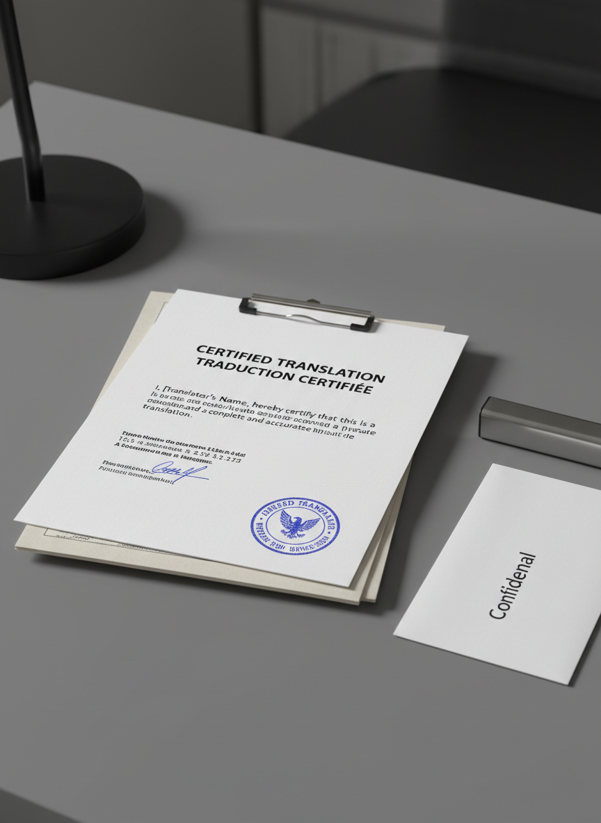 A detailed close-up of a certified translation package prepared for submission: a neatly clipped stack of translated pages with a visible bilingual heading, discrete translator’s certification statement, and an official-looking blue ink stamp partially overlapping the original-language document beneath. The documents rest on a smooth graphite-colored desk surface, next to a slim, stainless-steel date stamp and a minimalist white envelope labeled “Confidencial” in clean typography. Soft, directional side lighting from an unseen desk lamp creates gentle contrast, emphasizing edges and textures while keeping the overall tone calm and professional. Photographic realism, eye-level, with moderate depth of field, capturing the seriousness, confidentiality, and precision of legal and official translation services.