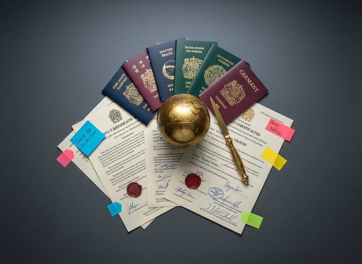 A carefully arranged flat lay of international legal elements on a matte charcoal surface: a small globe with clearly defined countries, overlapping passports from various nations, and a bundle of official-looking, multilingual birth and marriage certificates bearing seals and signatures. A classic brass letter opener lies elegantly across one document, while color-coded sticky notes mark key sections. Cool, diffused studio lighting from above creates even illumination and soft shadows, emphasizing paper fibers and metallic reflections without harsh contrasts. Photographic realism with sharp focus throughout, top-down composition, and a calm, organized mood, highlighting the global scope and precision of certified public translation for cross-border legal processes.